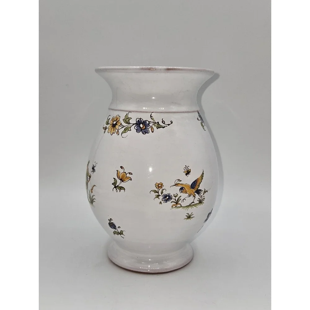French Faience Style Hand Painted Vase Bird Floral Motif White Glazed‎ Pottery